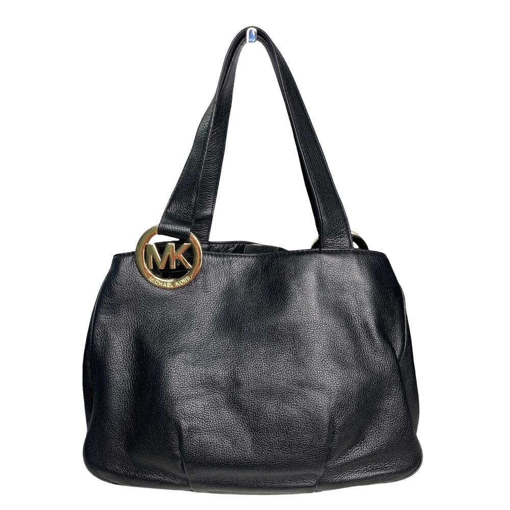Michael Kors Fulton Black Pebbled Leather Shoulder Bag Gold MK Logo Tote Classic